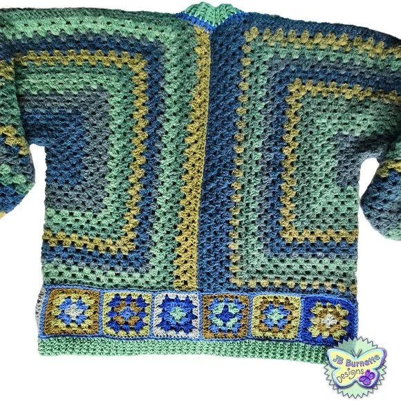 Handmade Oversize Crochet Cardigan Green Blue Warm Sweater, BOHO Granny Squares - Picture 6 of 15